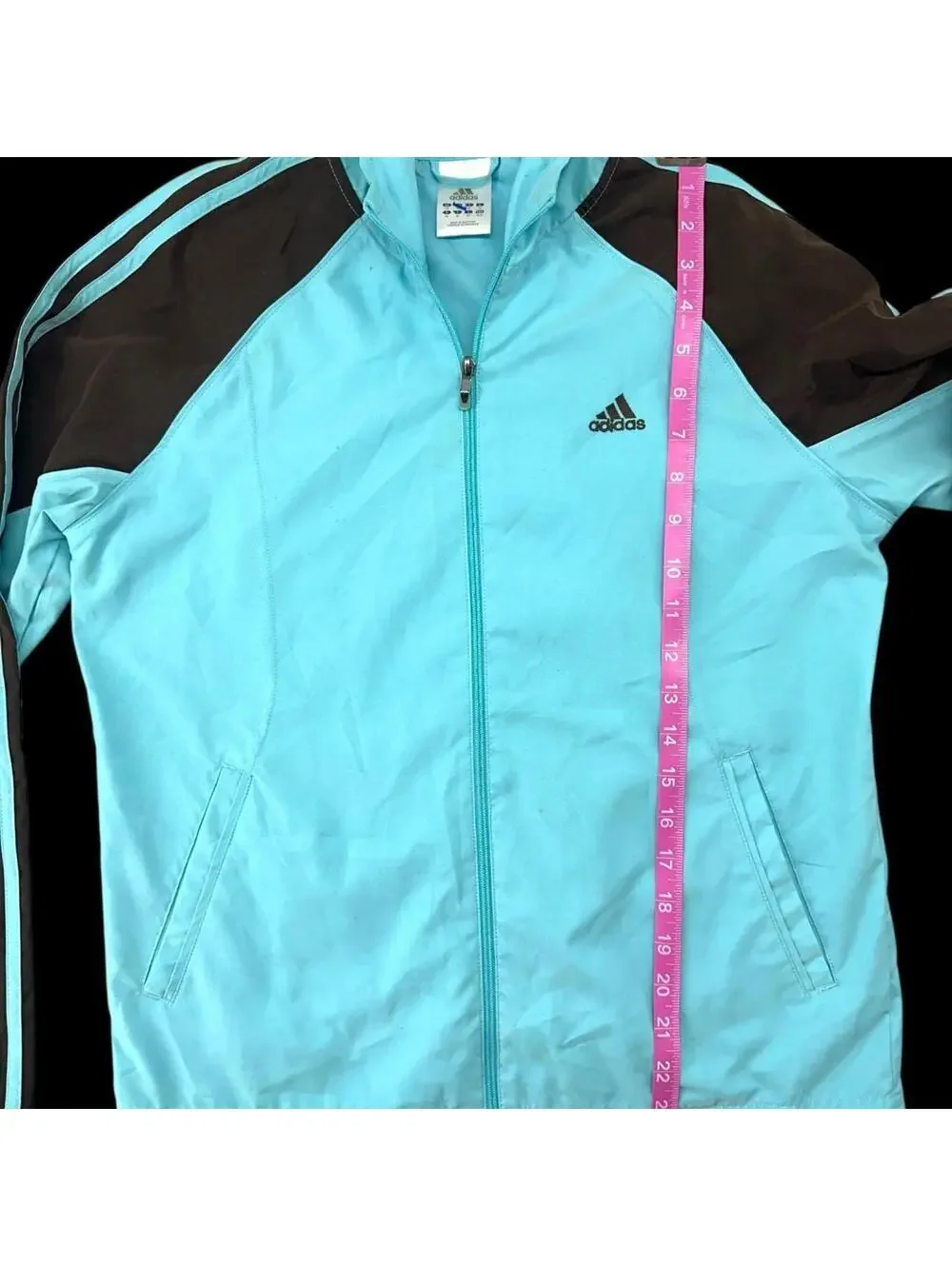 Adidas Vintage Blue Hoodie Jacket with Brown Stripes Streetwear Skater